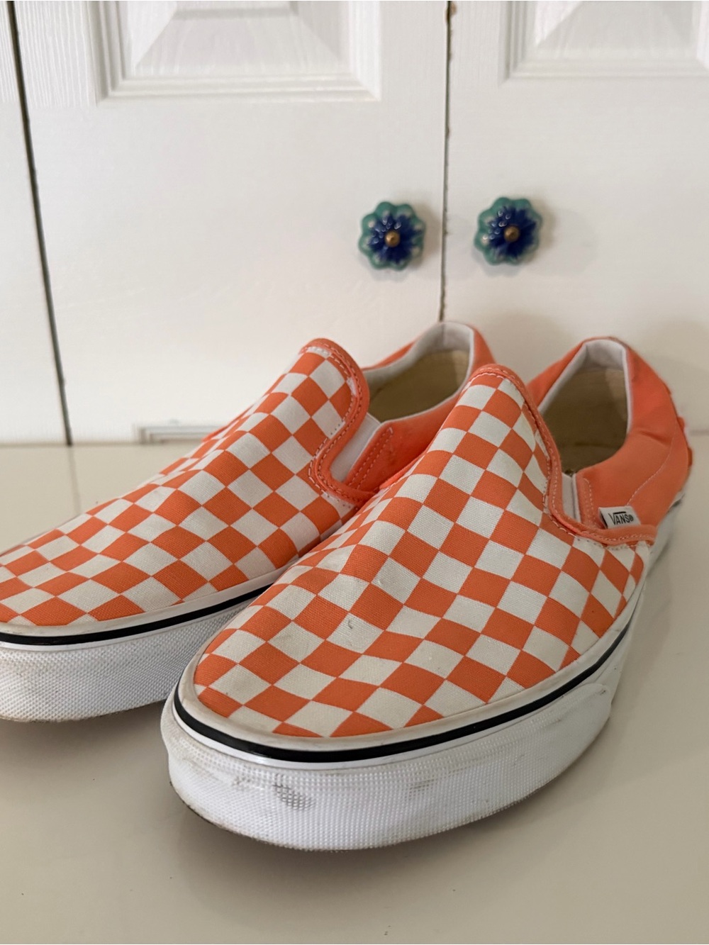 Vans Orange and White Checkerboard Slip-On Shoes